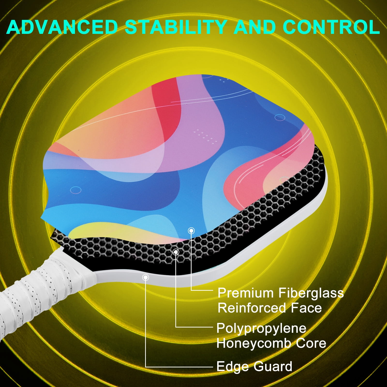 Uxcell Pickleball Paddles Set, Light Fiberglass Pickleball Set Blue Red Yellow Waves