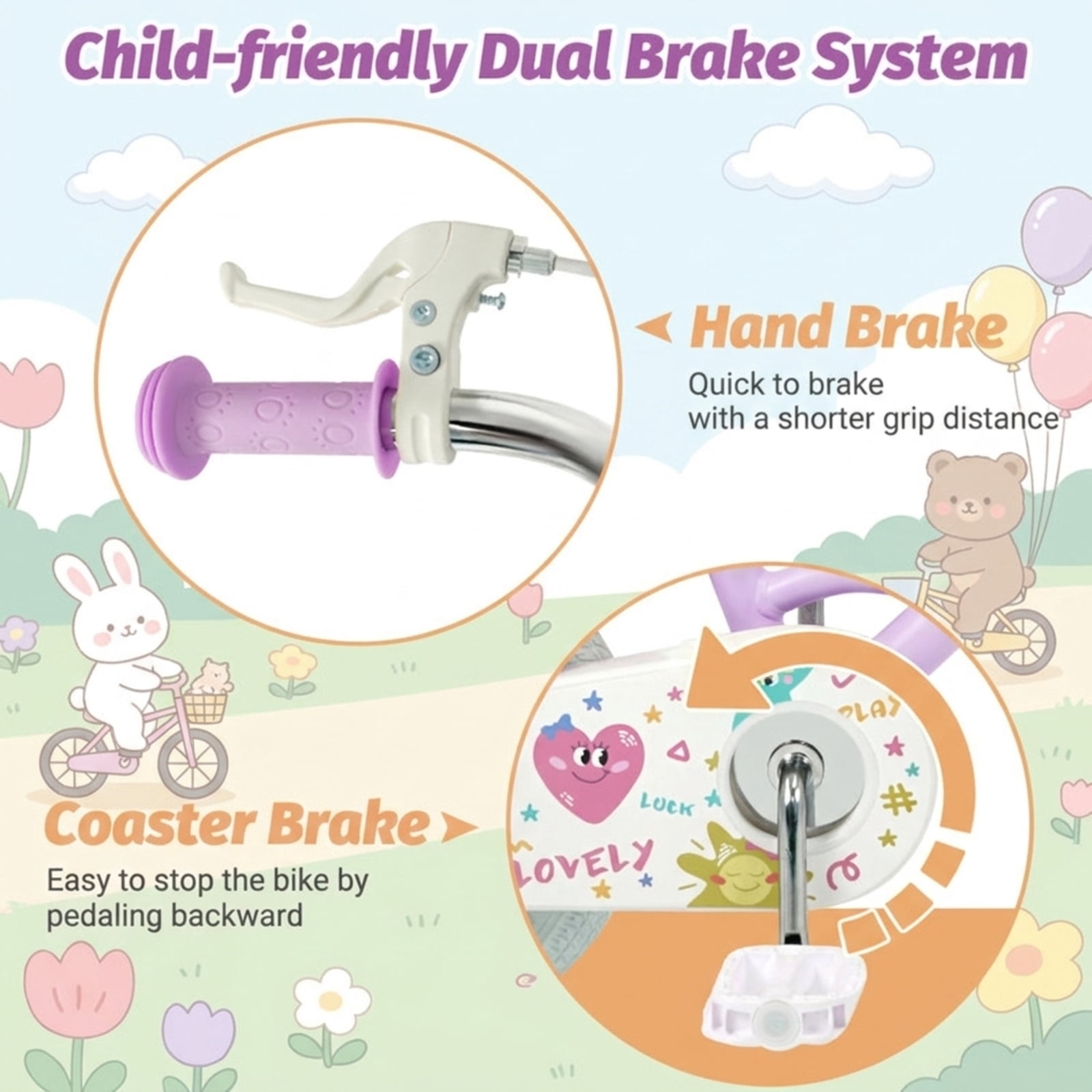 Redsmile Kids Bike 12 Inch with Adjustable Seat and Training Wheels for Boys Girls Ages 3-8, Stars & Moon Design Children Bicycle with Front Handbrake, Kids Bicycle 12in, Purple
