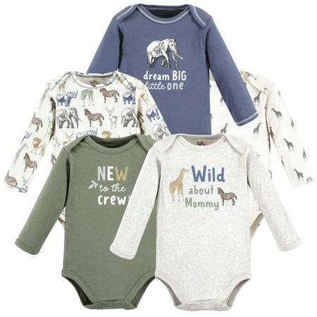 Touched by Nature Infant Boy Organic Cotton Long-Sleeve Bodysuits, Boy Safari, 0-3 Months
