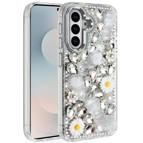 For Samsung s25 FE Spectacular Full Bling Stones Glitter HQ Hybrid Floral Series - White