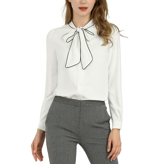 DARING DIVA Women's Contrast Color Button Down Long Sleeve Tie Neck Shirt S White