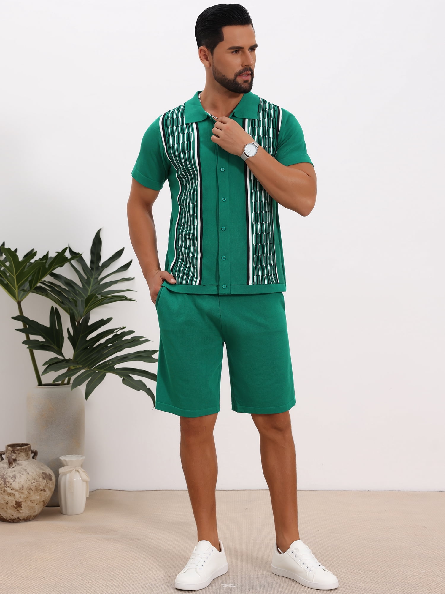 DARING DIVA Men's 2 Pieces Sets Summer Polo Shirt & Shorts Printed Knit Outfits 2XL Green