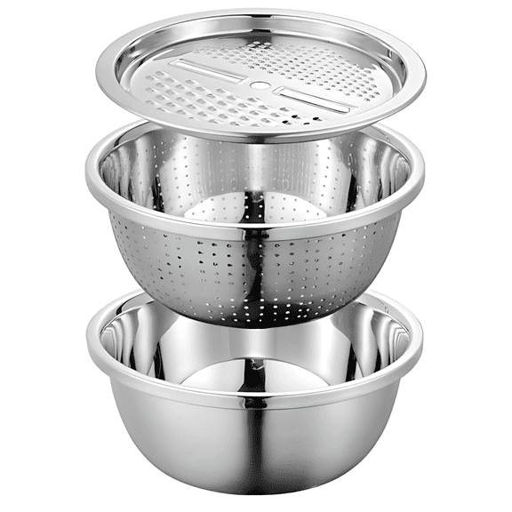 3-Piece Set Kitchen Grater, Stainless Steel Colander Set, Diameter 10.6 in / 27 cm Food Strainers for Kitchen, Wash Rice, Vegetable Shredder, Mirror Polished Stackable Mixing Bowls