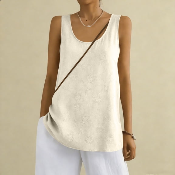 Women's Cotton Linen Sleeveless Camisole Tank Top With Pocket Beige L
