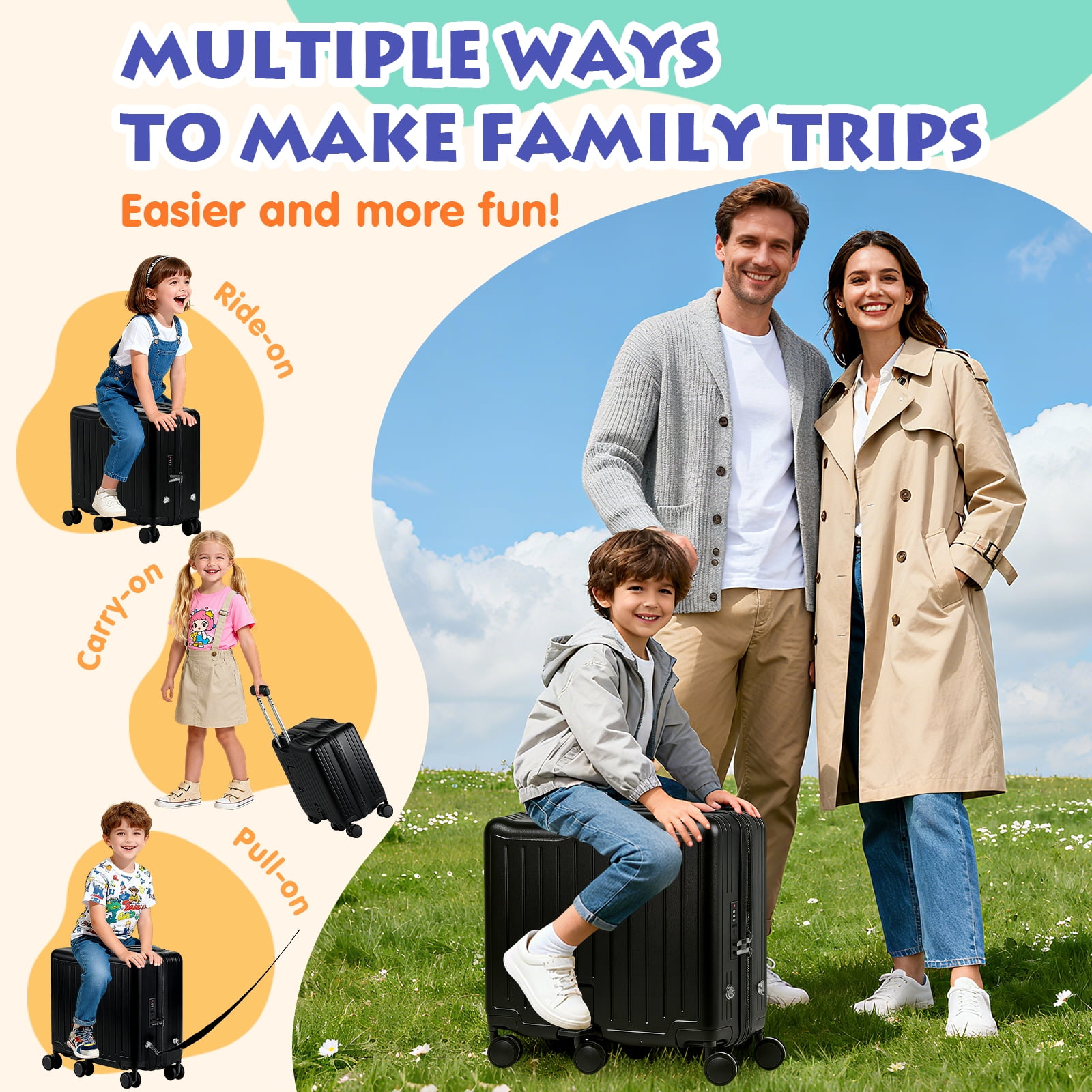 Advwin Ride-On Kids Luggage with Pull Strap, Footrests, Cup Holder, 6 Wheels & Adjustable Handle, 18-Inch Spinner Suitcase with Stickers & Boarding Pass, Black