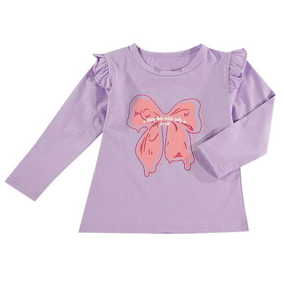Povozer Toddler Baby Girl Soft Crewneck Ruffle Tops Girls Cotton T-Shirt(Purple,4-5Y)