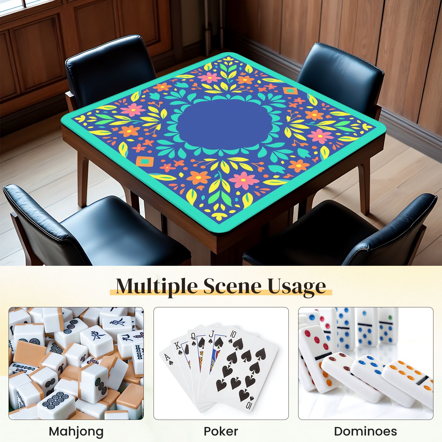 Mahjong Mat 31.5" x 31.5" Vibrant Floral Mandala Bright Colors Geometric Elements Anti-Slip and Noise Reduction Symmetry Design Mahjong Tiles Table Cover for Dominoes Poker Card Board and Tile Games