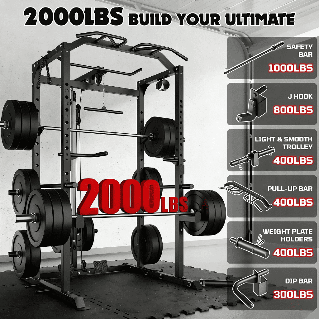 MITONOS Home Power Cage, 2000LBS Squat Rack with LAT Pulldown, Multi-Function Weight Cage Strength Training Machine, Workout Cage with More Attachments for Home Gym Garage, BK