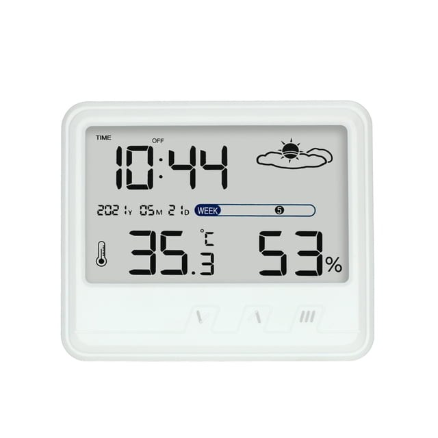 Indoor Hygrometer Thermometer with Time Date Week Backlight LCD Display Clock Calendar USB Desk Electronic Temperature Humidity Meters with Bracket for Home Greenhouse Cellar