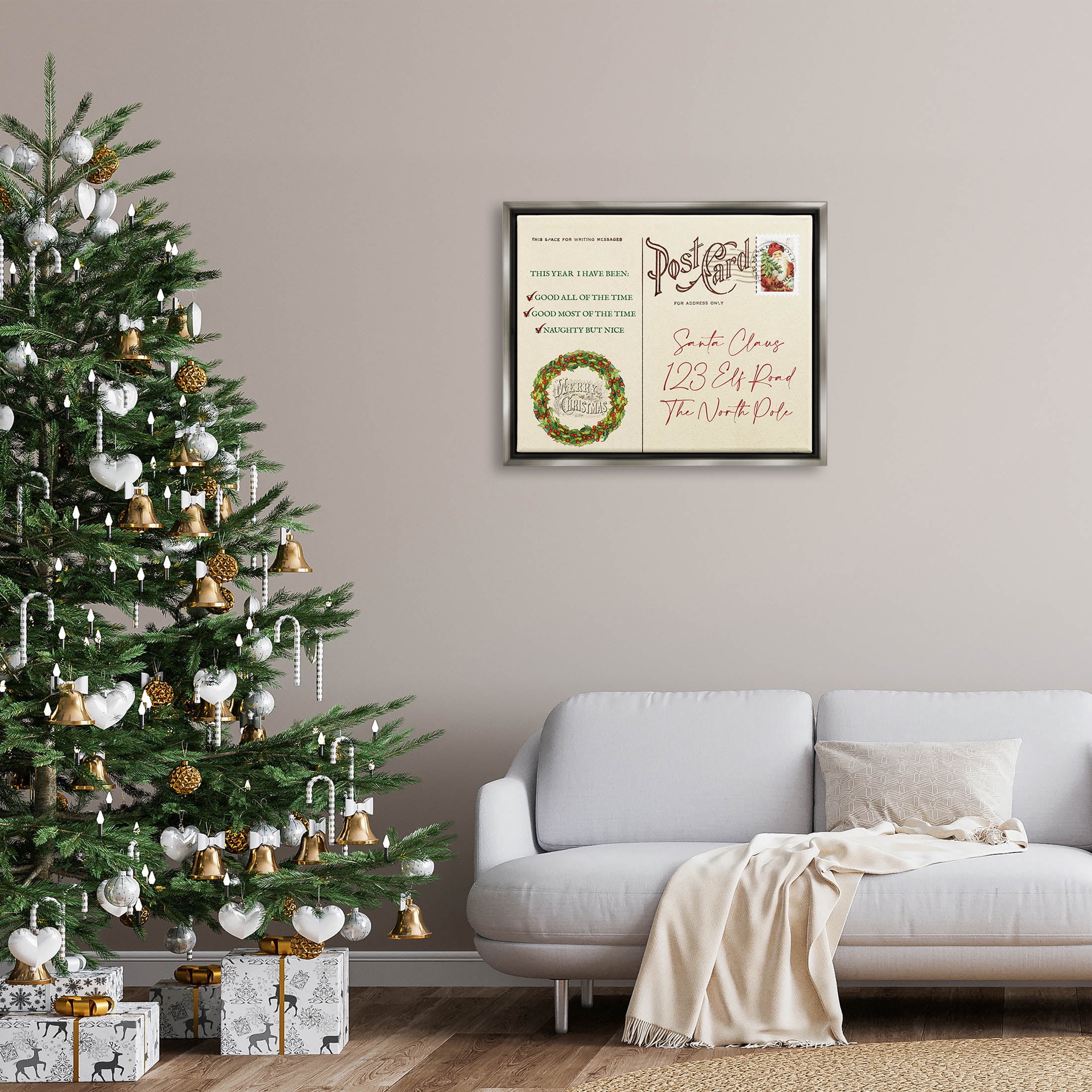 Stupell Industries Merry Christmas Vintage Postcard Graphic Art Luster Gray Floating Framed Canvas Print Wall Art, Design by Lil' Rue