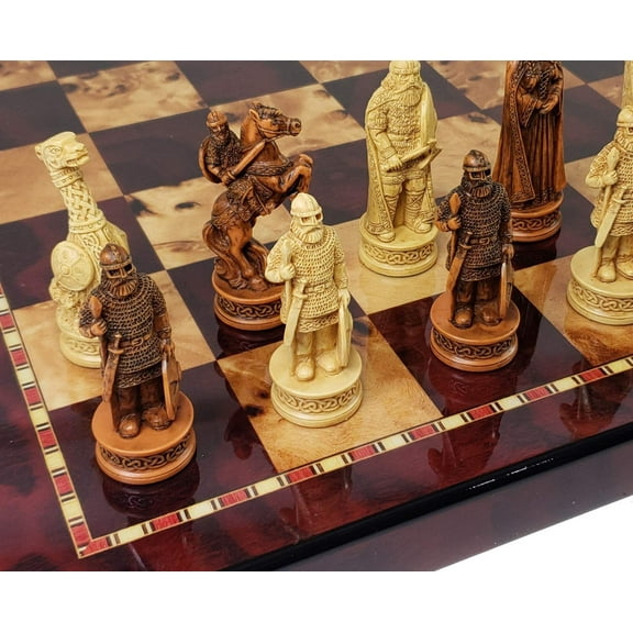 Antique White  Brown Norse Viking CHESS SET with 18" Cherry Color Board