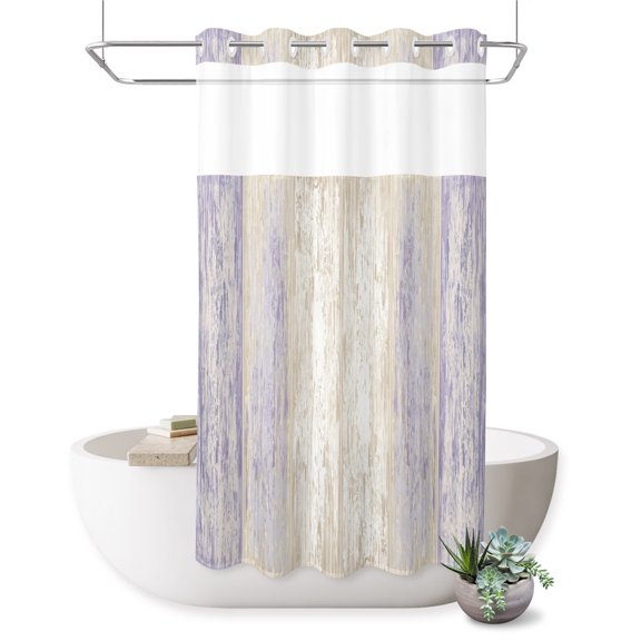 No Hook Shower Curtain, Lavender Purple Wooden Shower Curtains for Bathroom with See Through Top Window, Farmhouse Brown Vintage Distressed Waterproof & Washable Bath Curtain Narrow 54"x78"