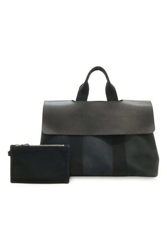 Pre-Owned HERMES Valparaiso MM Handbag Tote Bag Toile Chevron Canvas Leather Black J Stamp