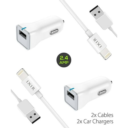 iPhone Charger Apple Lightning Cable Kit by Ixir - {2 Car Charger + 2 Cable}, Apple Certified USB Cables