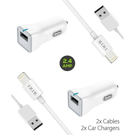Apple Charger Car iPhone Charger Apple Lightning Cable Kit by Ixir - {2 Car Charger + 2 Cable}, Apple Certified USB Cables (White) ()