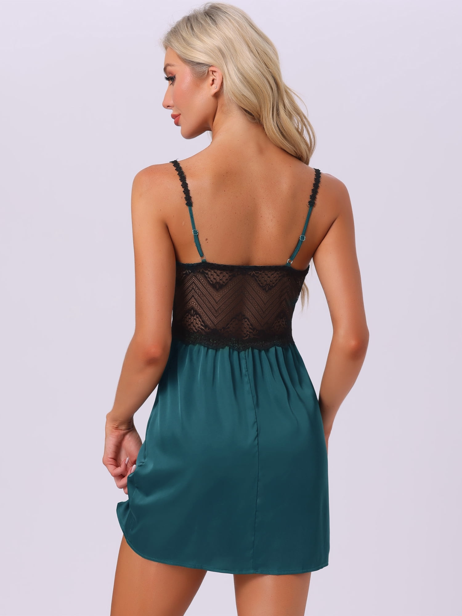 DARING DIVA Women's Satin Lingerie Lace Babydoll Slip Chemise Dress XL Peacock Blue