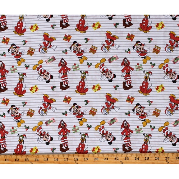 Cotton Mickey Mouse & Friends Christmas Goofy Pluto Minnie Gifts Presents Santa Costumes Striped Cotton Fabric Print by the Yard (77332-A620715)
