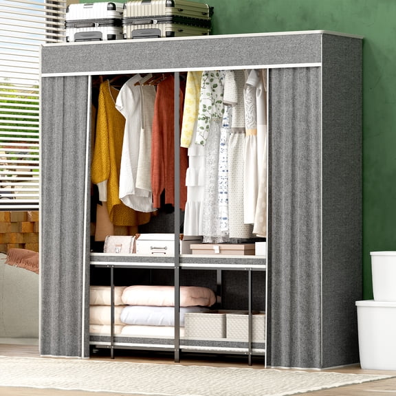 Heavy Duty Portable Closet with Cover, 1200lbs Foldable Wardrobe Storage System, Freestanding Shelving Organizer for Clothes, Shoes, and Bins, 66in, Grey