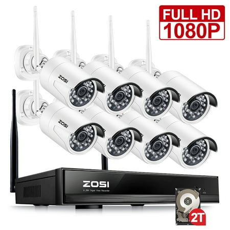 ZOSI Full 1080p Wifi Wireless Security System 8CH 1080p NVR 2TB HDD with 8 2MP Outdoor Indoor Bullet IP Cameras Night Vision
