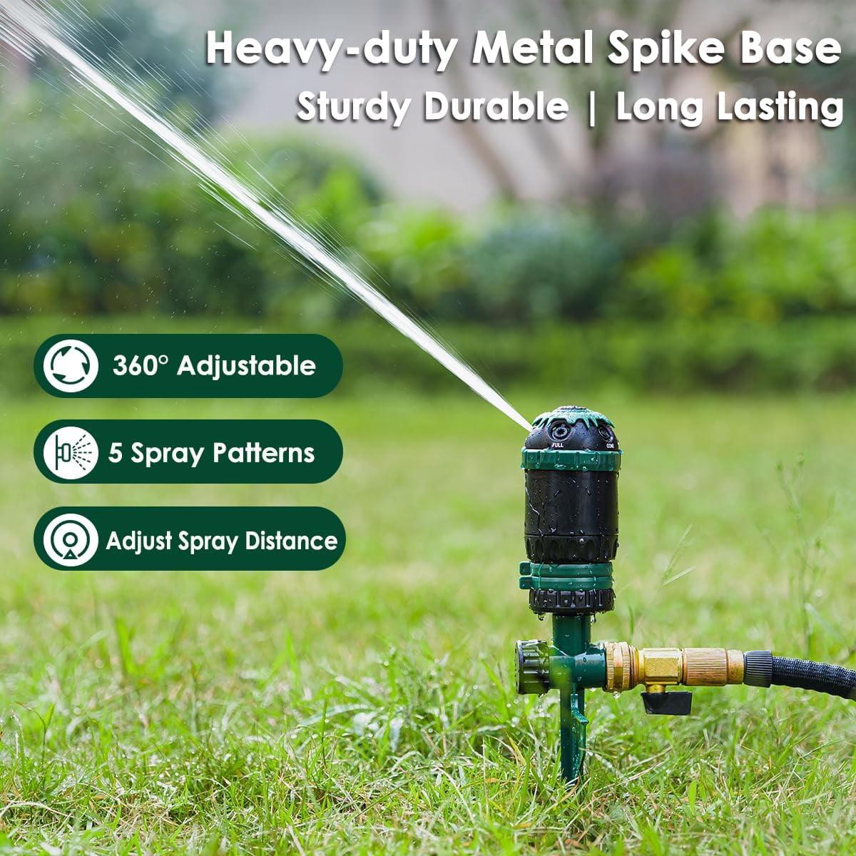 FANHAO Heavy Duty Gear Drive Lawn Sprinkler for Garden Irrigation with Spike Base, 5 Spray Patterns, 360° Rotating Water Sprinkler,