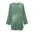 thumbnail image 2 of Gibobby Playera TéRmica Ligera Top informal de verano para mujer, camisa de manga larga de lino y algodón estampada, blusa superior de longitud media con cuello en V de Color sólido（Verdinegro， L), 2 of 4