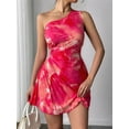 thumbnail image 2 of Women'S Summer Dress 2025 Tie Dye One Shoulder Mini Dress Pleated Cut Out Wedding Guest Dresses Red S, 2 of 6