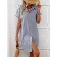 thumbnail image 4 of Shirt Dress Cotton Linen Short Sleeve Striped A Line Mid Length Casual Work Dress S-XL, 4 of 7