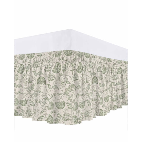 Farmhouse Sage Green Floral Bed Skirt King Size 18 Inch Drop, Linen Boho Paisley Flower Rustic Adjustable Elastic Dust Ruffles Bedskirt for King Bed Wrap Around Pleated Mattress Frame Cover