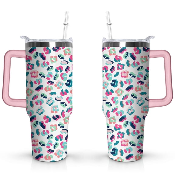 40oz Fashion Leopard Pattern Stainless Steel Flip Straw Tumbler Spill Proof Travel Cup Double Wall Vacuum Insulated Coffee Mug with Top Handle