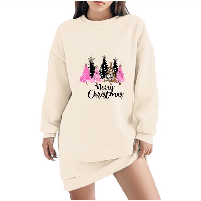 Pisexur Robe de Noël pour Femmes Mode Imprimé Arbre de Noël Col Rond Robe Chandail en Molleton Décontractée Manches Longues Robe de Fête d'Automne Mini Robe