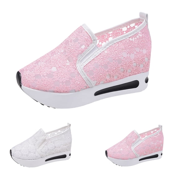 Women's Lace Mesh Wedge Heel Casual Shoes Air Cushion Platform Slip On Sneakers Daily Commute Work Shopping Casual Footwear Pink 35