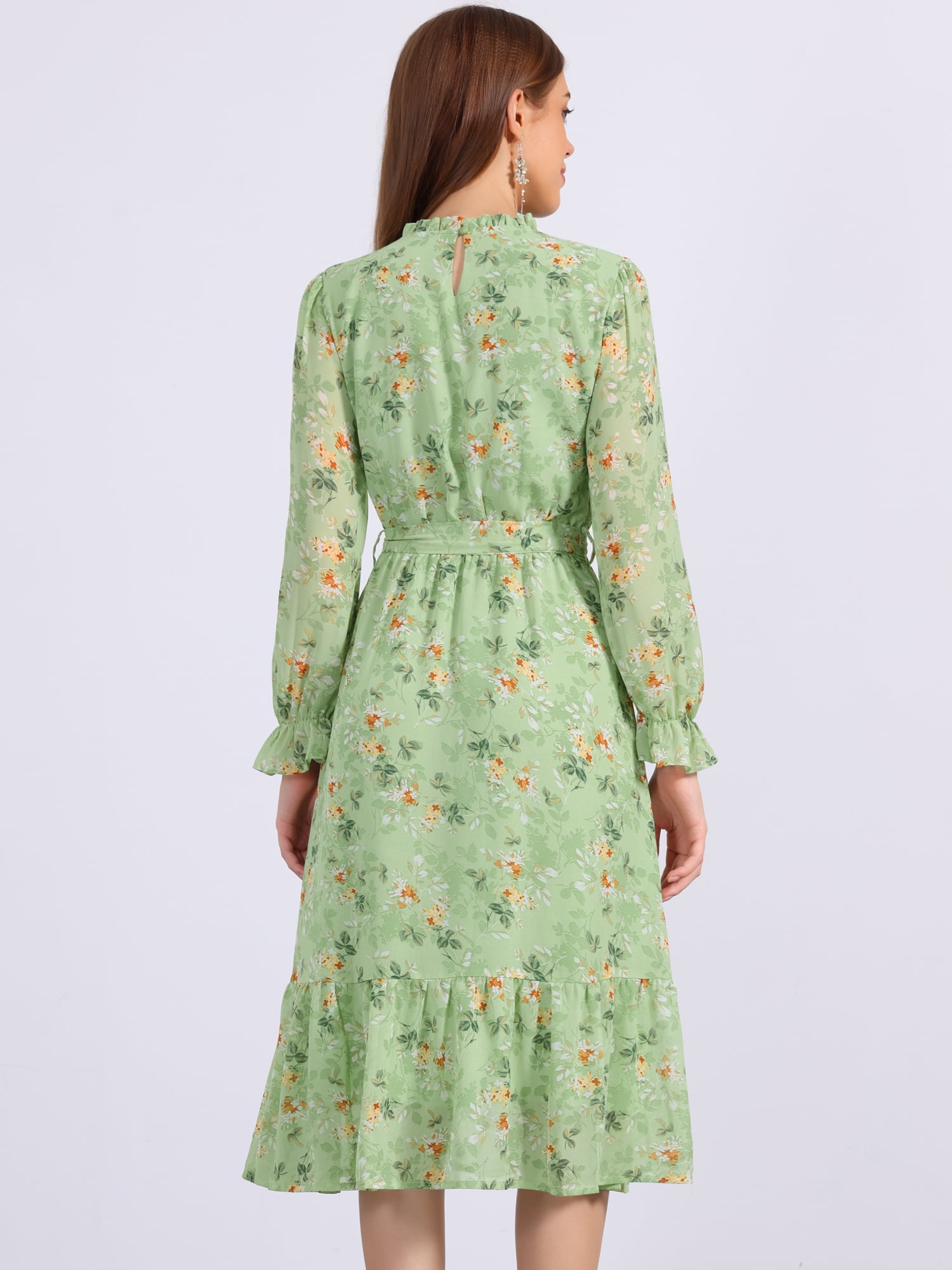 DARING DIVA Fall Floral Long Sleeve Chiffon Midi Dress L Green