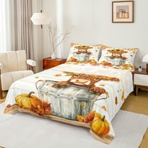 Manfei Brown Highland Cow Bed Sheets, Rustic Sunflower Pumpkin King Sheets, Teens Kids Child Sheet Set, Luxury Bedroom Decor, 4 Pieces