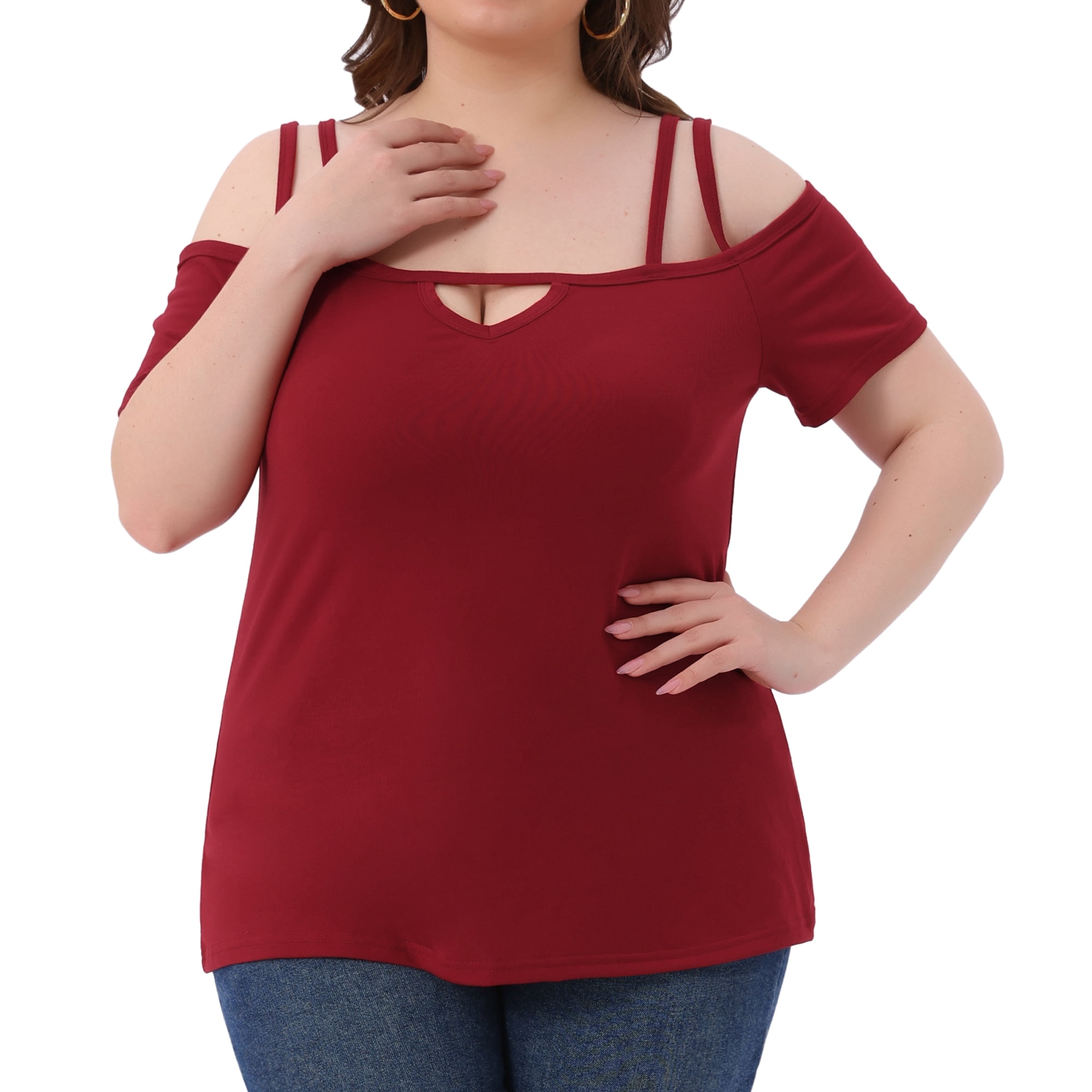 DARING DIVA Women's Plus Short Sleeve Cold Shoulder Tops Blouses Shirt 2X Red