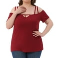 thumbnail image 2 of DARING DIVA Women's Plus Short Sleeve Cold Shoulder Tops Blouses Shirt 1X Red, 2 of 6
