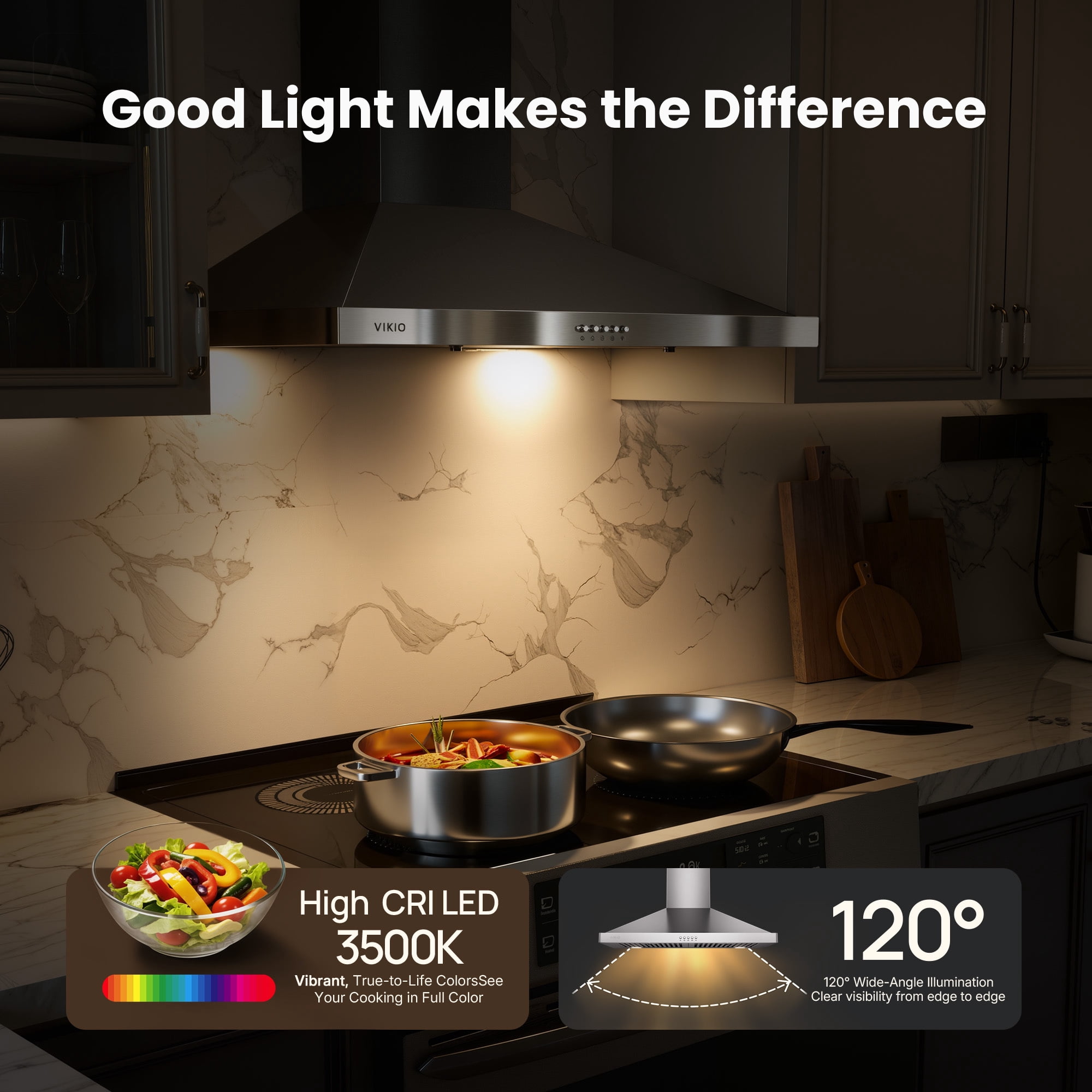 VIKIO 30 inch Wall Mount Range Hood - 500 CFM Convertible Stainless Steel, 3-Speed with Push Control, LED, Carbon Filters