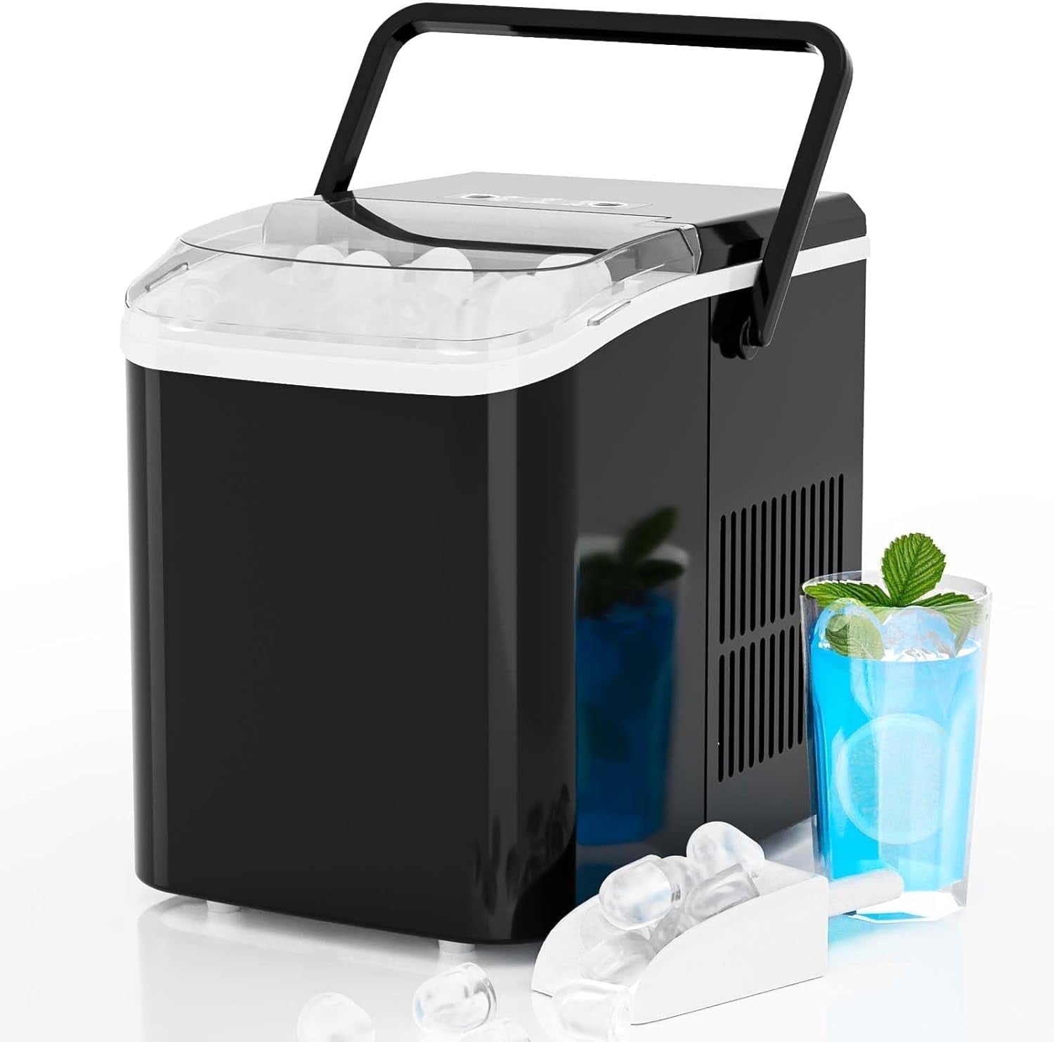 Countertop Ice Maker Machine, Portable Self-Cleaning Ice Machine with Ice Scoop, Basket and Handle, 9 Cubes in 6 Mins, 26.5lbs/24Hrs, 2 Sizes of Bullet Ice for Home Kitchen, Coal Black
