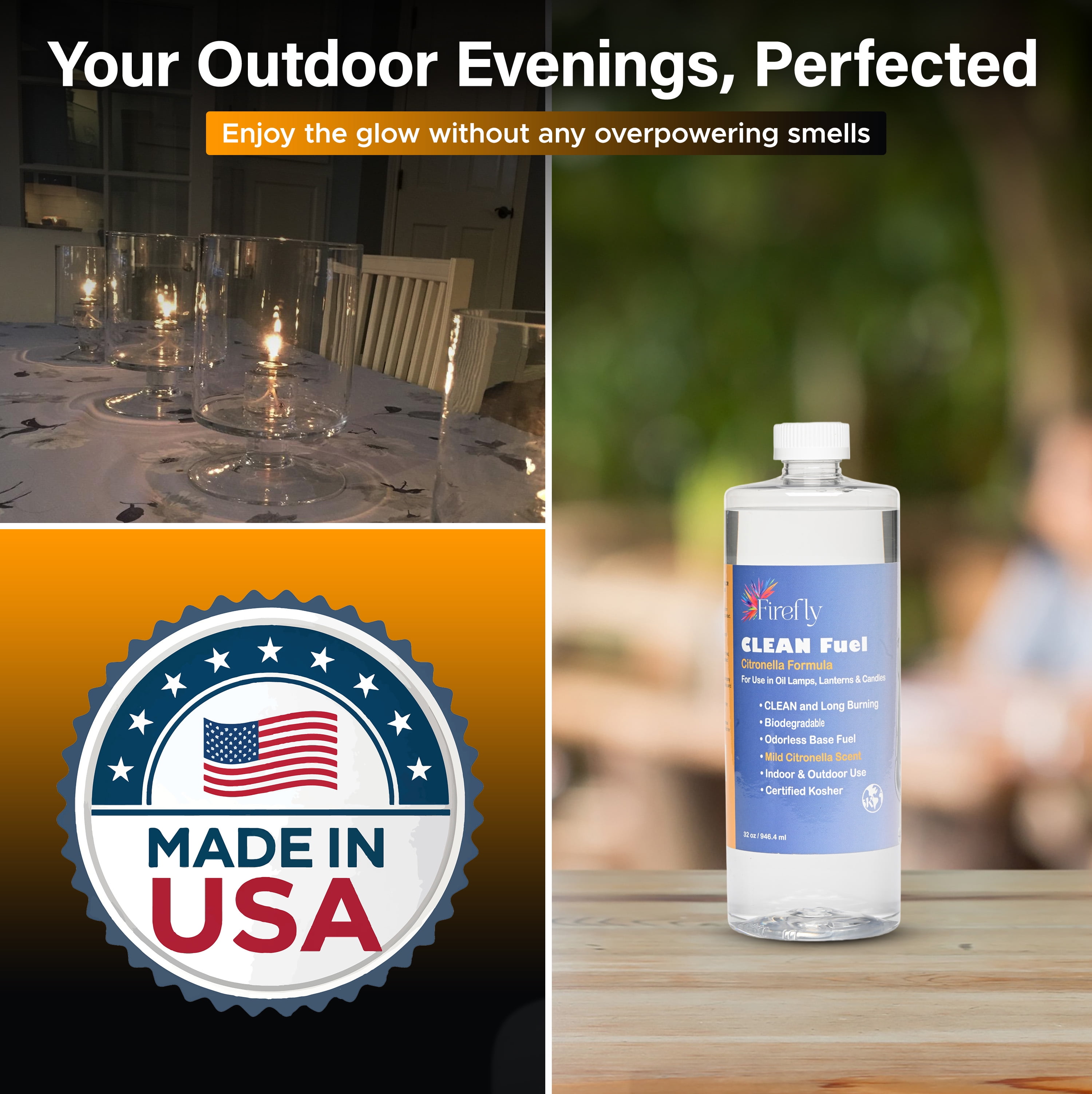 Firefly Fuel Eco-Friendly Clean Fuel with Citronella Essential Oil, Odorless, Smokeless Lamp Oil, 32 oz.