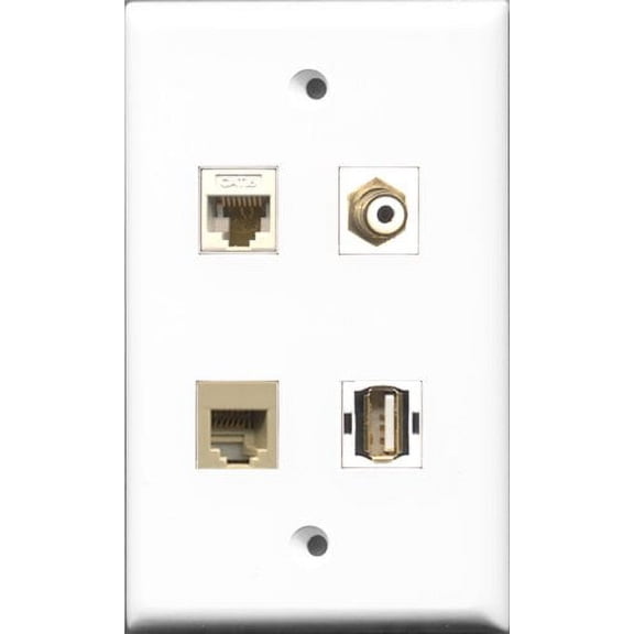 RiteAV 1 Port RCA White and 1 Port USB A-A and 1 Port Phone RJ11 RJ12 Beige and 1 Port Cat6 Ethernet White Wall Plate
