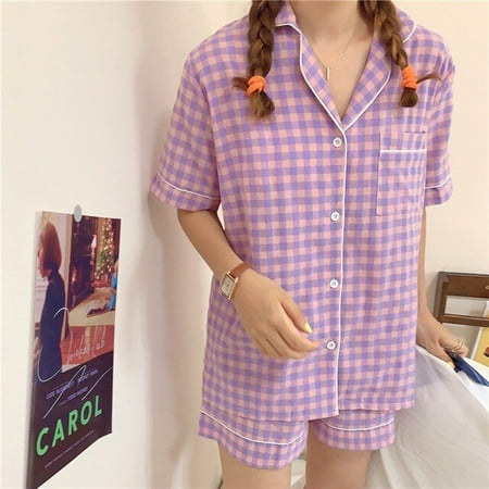 

CoCopeaunt Cute Grid Girls Pajamas Set Korean Summer New Short Sleeve Leisure Sleepwear Women Loose Nightwear Homewear Suit