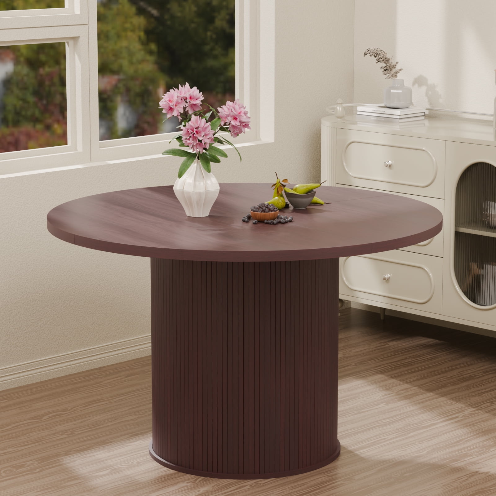 Hommpa 48" Round Dining Table Morden Kitchen Table Wood for 4 with Wood Slide Door for Kitchen Living Room,Heavy Duty Pedestal Base,Brown