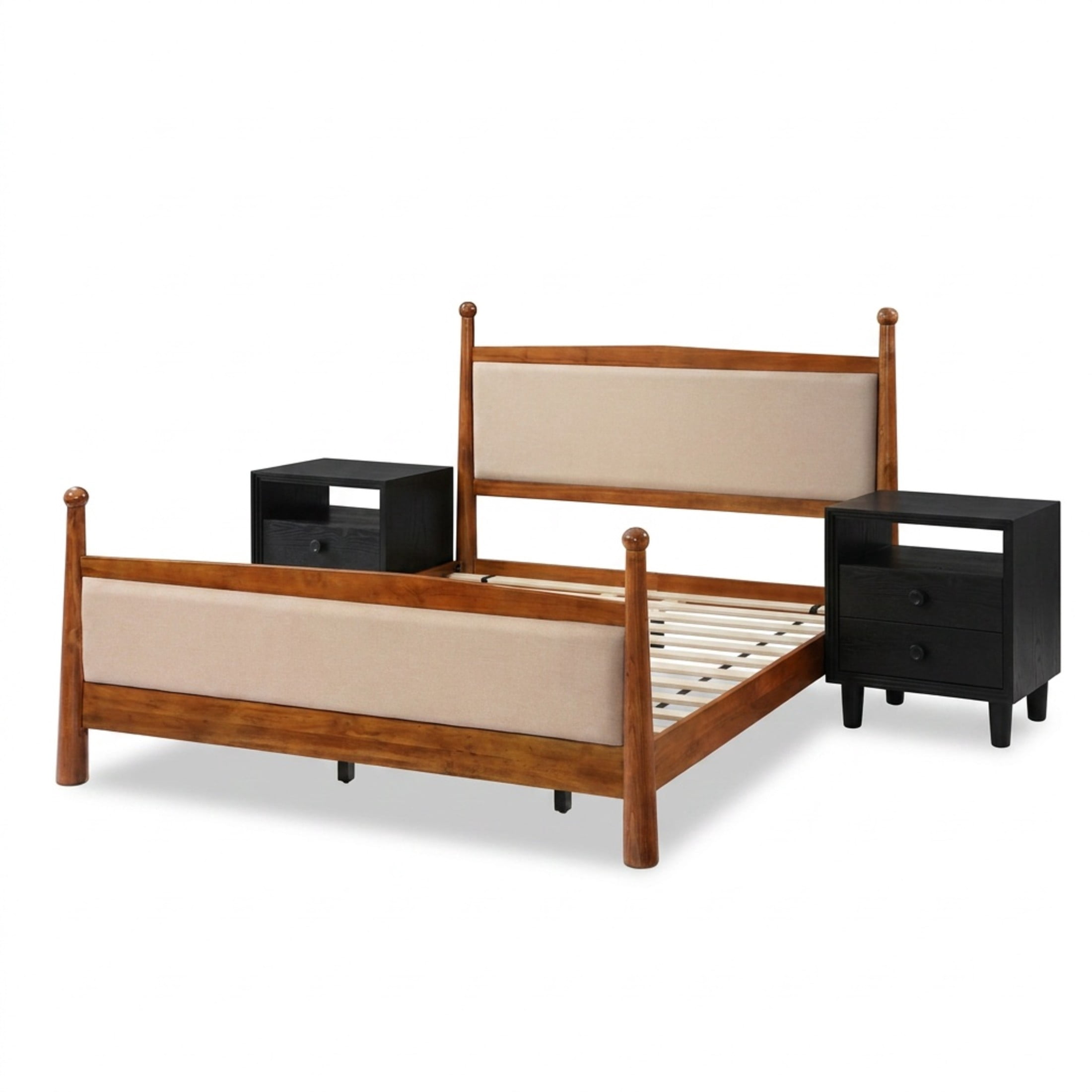 Christopher Knight Home King Bedroom Furniture Set with Upholstered Bed and 2 Nightstands, Cherry+Black