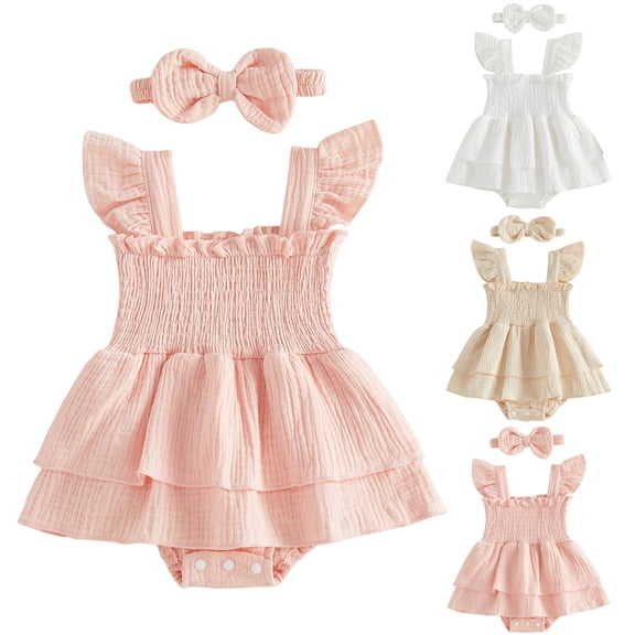 Pandaie Baby Girl Summer Clothes Newborn Bow Romper Dress Ruffle Sleeveless Smocked Back Linen Infant Clothing Outfits Newborn Beige