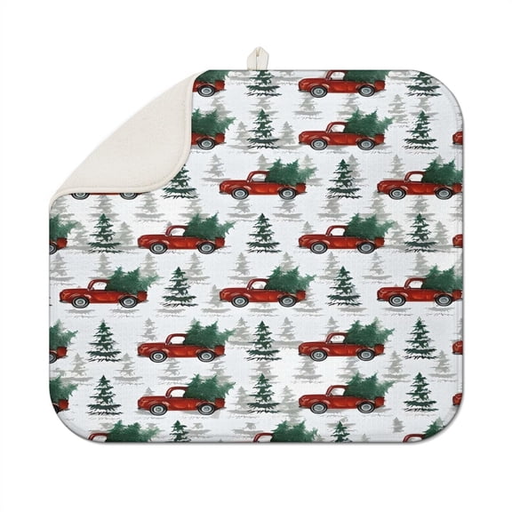 Red Christmas Truck and Tree Pattern Dish Drying Mat for Kitchen 1 Pack, Ultra Absorbent Microfiber Dishes Drainer Mats,16x18in(41x46cm)