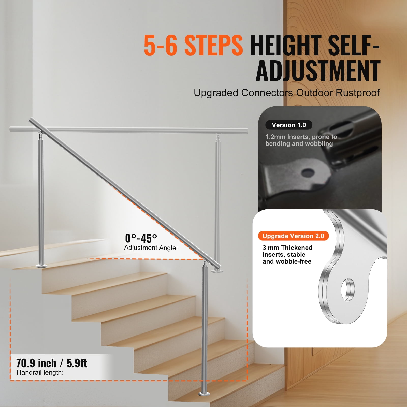 KFFKFF Handrails for Outdoor Steps, 70.9 in/180 cm Stair Rail Kit, Durable Stainless Steel Railings with Installation Accessories, Double-Column Handrails for Porch, Deck, and Senior Safety