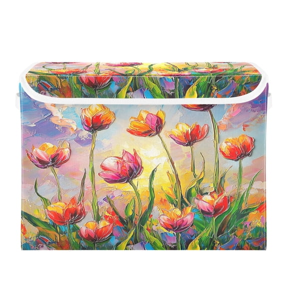 16.5x12.6x11.8in Foldable Flip-Top Storage Bin, Dustproof Magic Tape Closure, Ideal for Home & Toy Organization,Oil Painting Flower