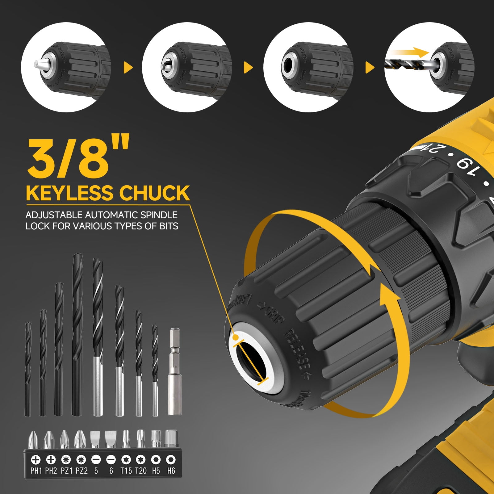 20V MAX Cordless Drill Set with Battery & Charger, 280 in-lbs Power Drill Kit, 2-Speed (0-1400 RPM), 21+1 Torque, 3/8" Keyless Chuck, 30pc Drill/Driver Bits, LED Light for Wood/Metal/Concrete(Yellow)