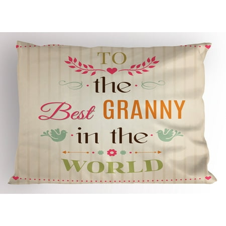 Grandma Pillow Sham Best Granny Quote with Bird Silhouettes Leaves and Arrows on Stripes Background, Decorative Standard Queen Size Printed Pillowcase, 30 X 20 Inches, Multicolor, by