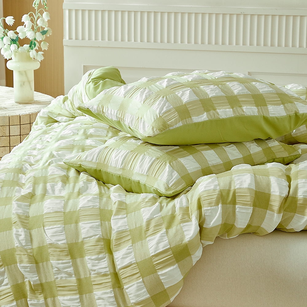 YELEE Green Plaid Duvet Cover Queen Size 3 Pieces Super Soft Breathable Pleated Bedding Sets 90"x90", 2 Cozy Pillowcases