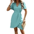 thumbnail image 2 of Womens Summer Short Sleeve Casual Dresses V Neck Vacation Sundress Faux Wrap Midi Dress Cyan XL, 2 of 9